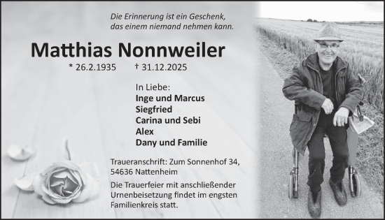 Traueranzeige von Matthias Nonnweiler von WochenSpiegel