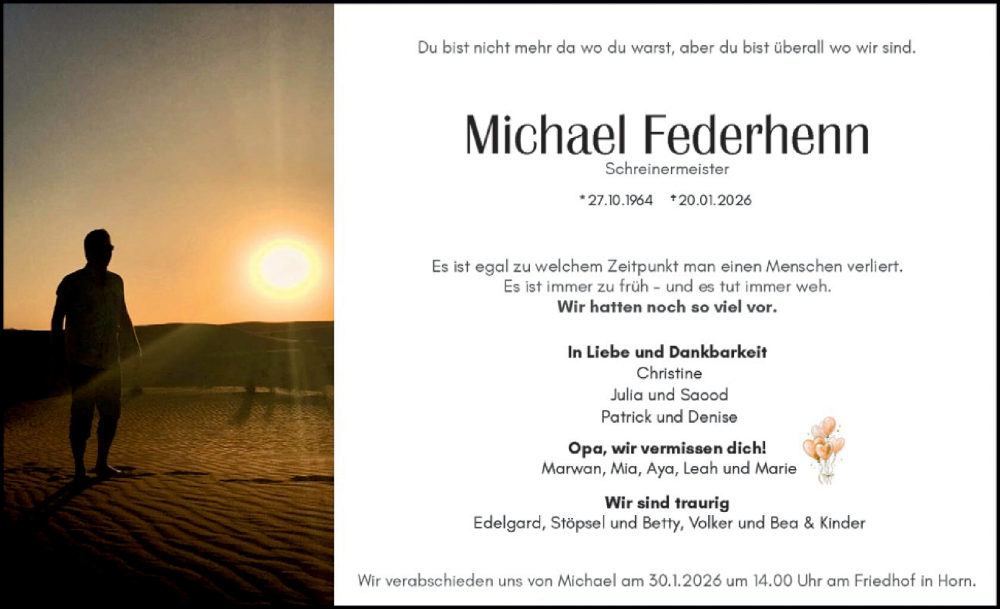  Traueranzeige für Michael Federhenn vom 31.01.2026 aus WochenSpiegel