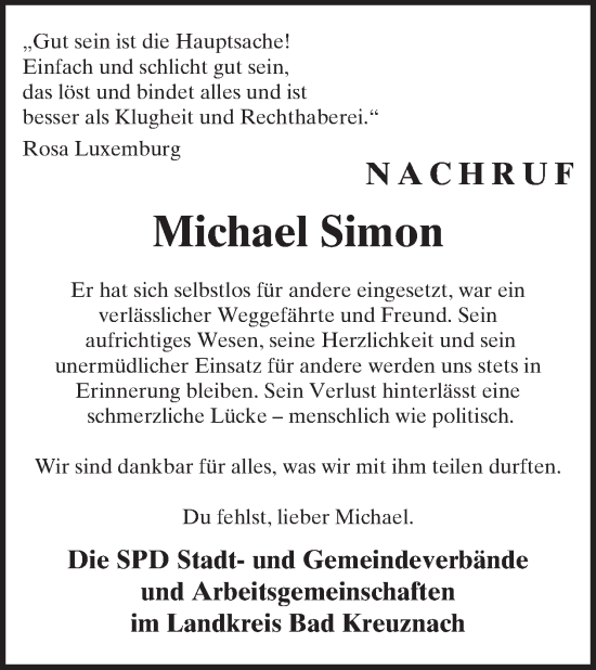 Traueranzeige von Michael Simon von WochenSpiegel