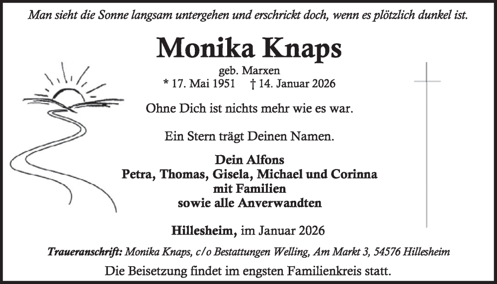  Traueranzeige für Monika Knaps vom 24.01.2026 aus WochenSpiegel