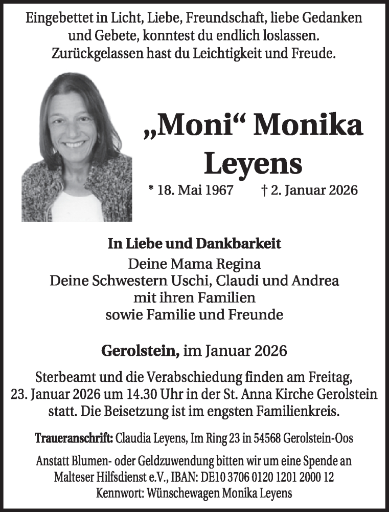  Traueranzeige für Monika Leyens vom 14.01.2026 aus WochenSpiegel