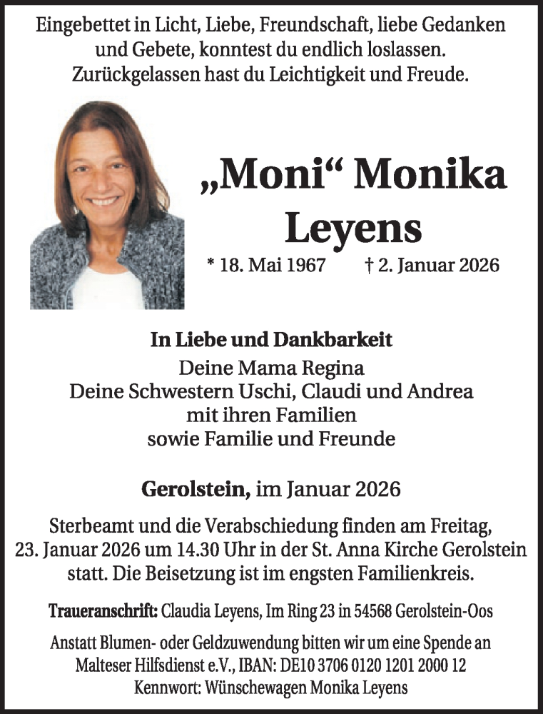  Traueranzeige für Monika Leyens vom 10.01.2026 aus WochenSpiegel