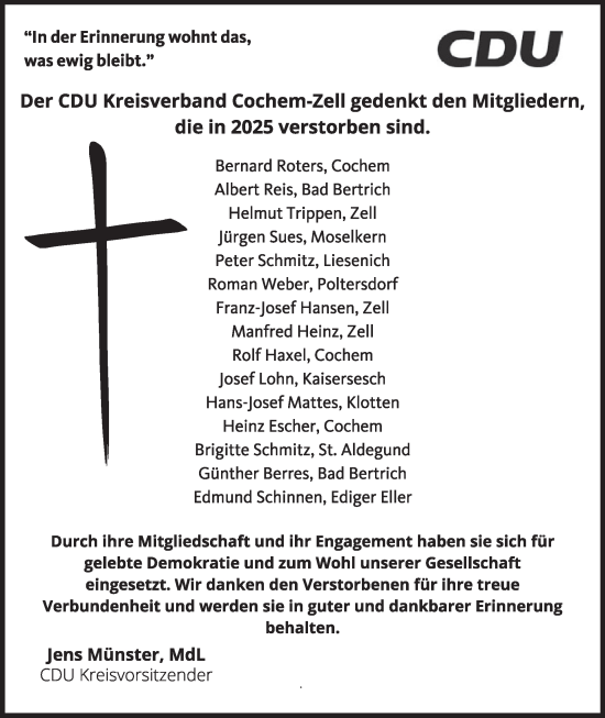 Traueranzeige von Nachruf CDU Kreisverband Cochen-Zell von WochenSpiegel