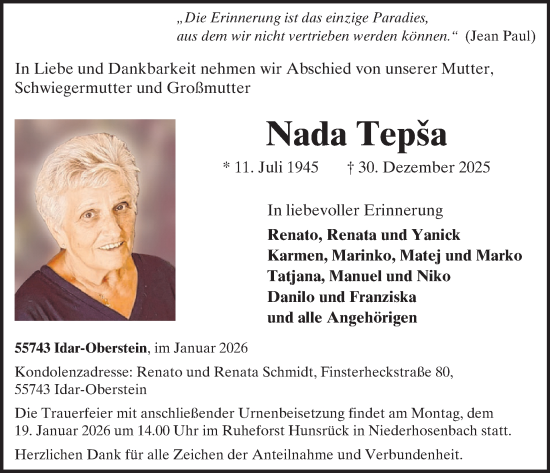 Traueranzeige von Nada Tepša von WochenSpiegel