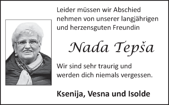 Traueranzeige von Nada Tepša von WochenSpiegel