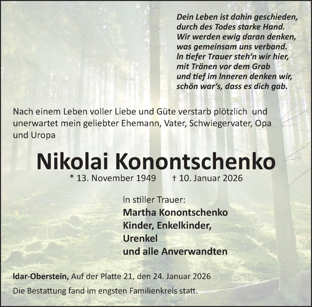  Traueranzeige für Nikolai Konontschenko vom 24.01.2026 aus WochenSpiegel