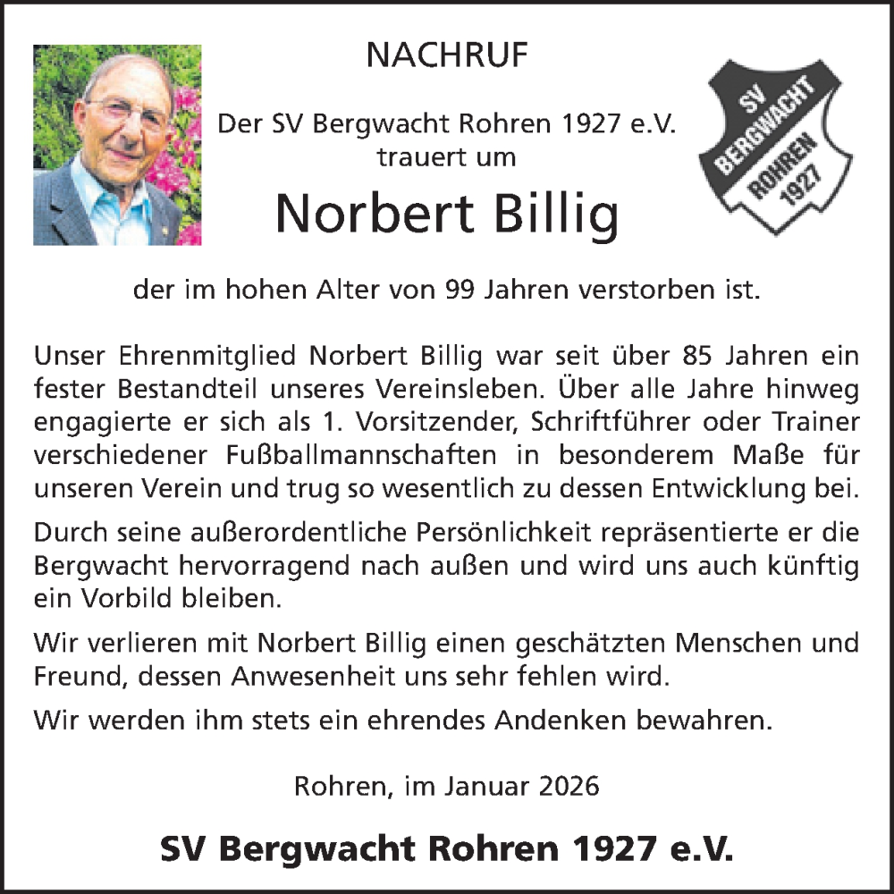  Traueranzeige für Norbert Billig vom 14.01.2026 aus WochenSpiegel