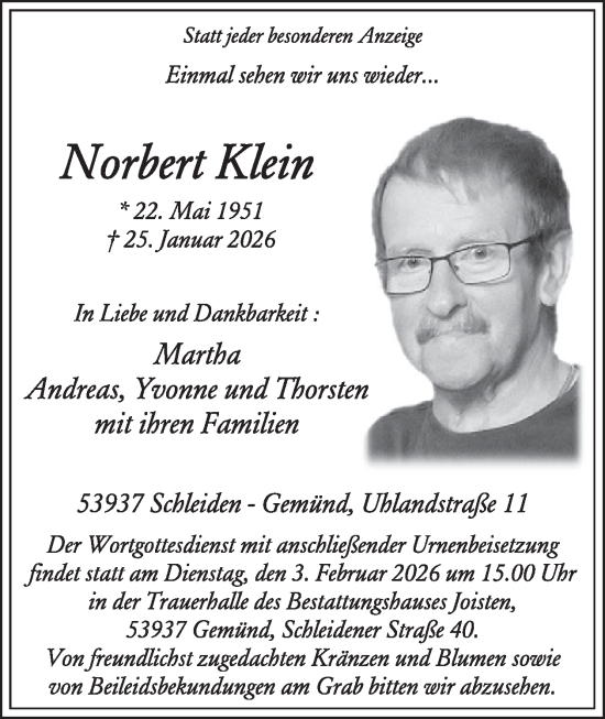 Traueranzeige von Norbert Klein von WochenSpiegel