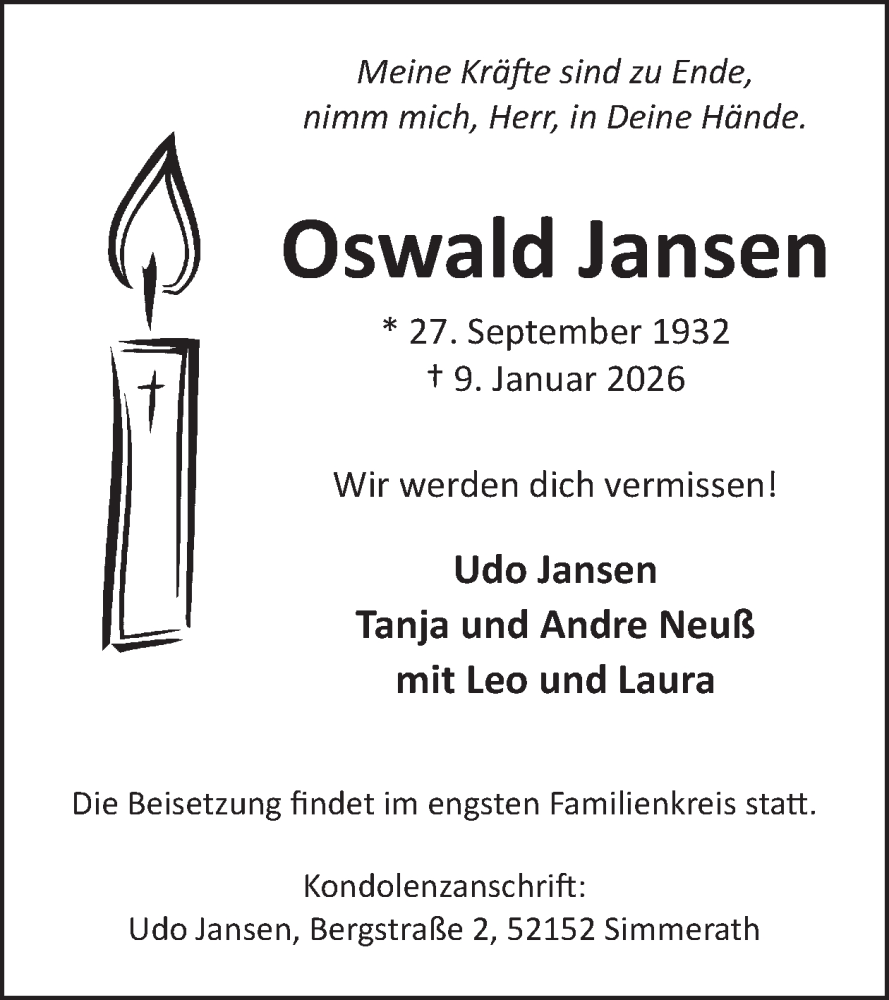  Traueranzeige für Oswald Jansen vom 21.01.2026 aus WochenSpiegel