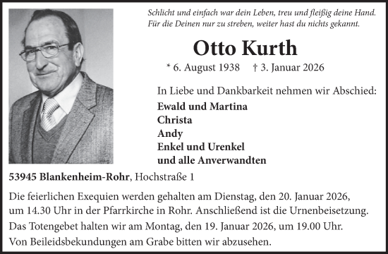 Traueranzeige von Otto Kurth von WochenSpiegel