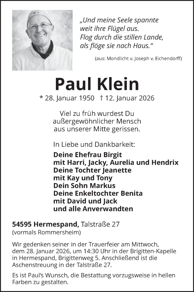  Traueranzeige für Paul Klein vom 23.01.2026 aus WochenSpiegel