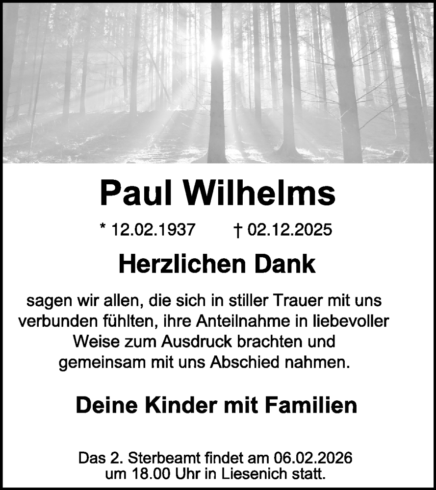  Traueranzeige für Paul Wilhelms vom 14.01.2026 aus WochenSpiegel