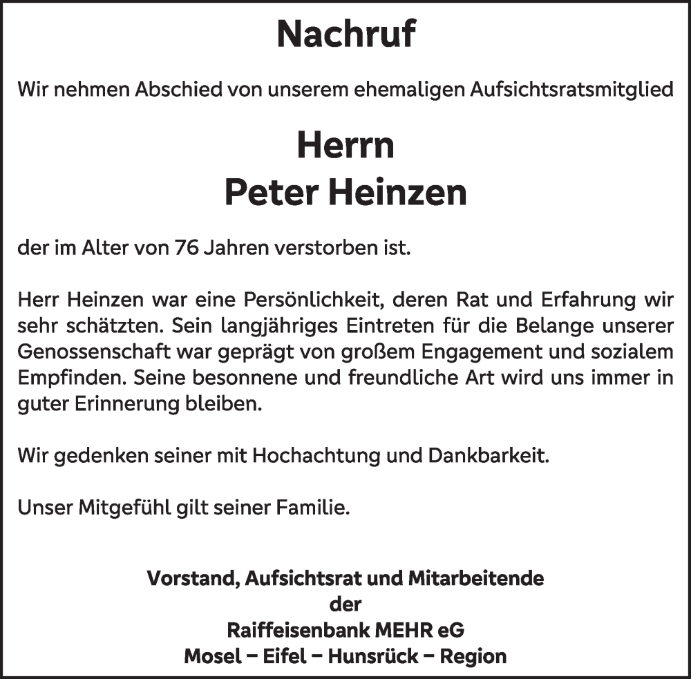  Traueranzeige für Peter Heinzen vom 07.01.2026 aus WochenSpiegel