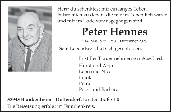 Traueranzeige von Peter Hennes von WochenSpiegel