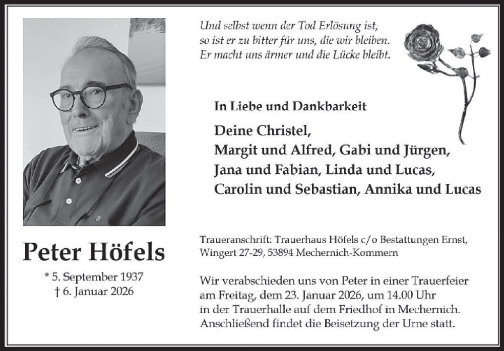  Traueranzeige für Peter Höfels vom 14.01.2026 aus WochenSpiegel