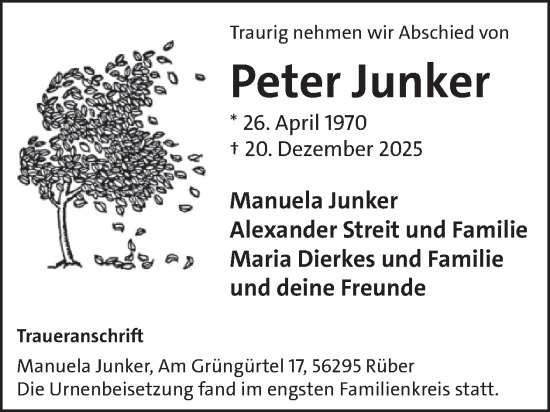Traueranzeige von Peter Junker von WochenSpiegel
