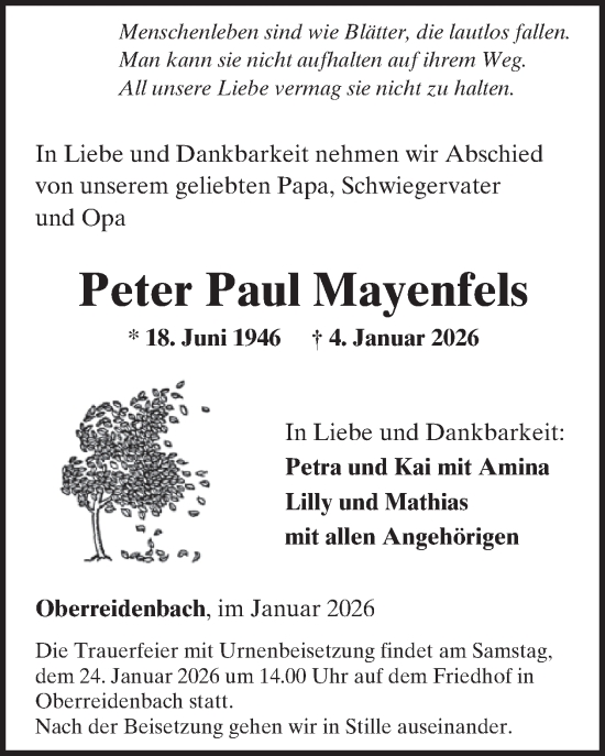 Traueranzeige von Peter Paul Mayenfels von WochenSpiegel