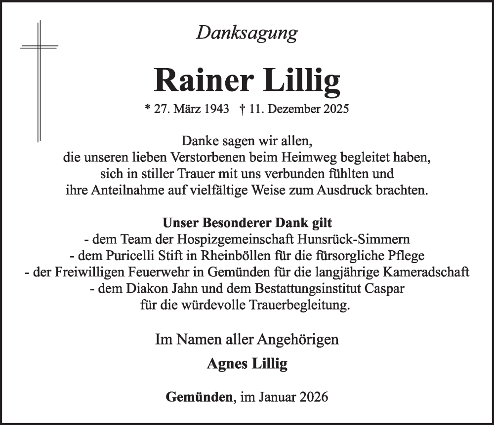  Traueranzeige für Rainer Lillig vom 24.01.2026 aus WochenSpiegel