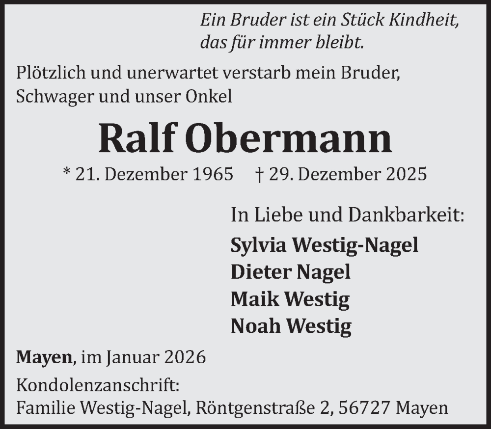 Traueranzeige für Ralf Obermann vom 14.01.2026 aus WochenSpiegel