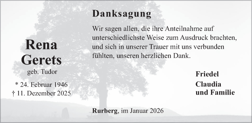  Traueranzeige für Rena Gerets vom 28.01.2026 aus WochenSpiegel