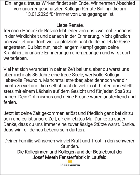 Traueranzeige von Renate Balling von WochenSpiegel