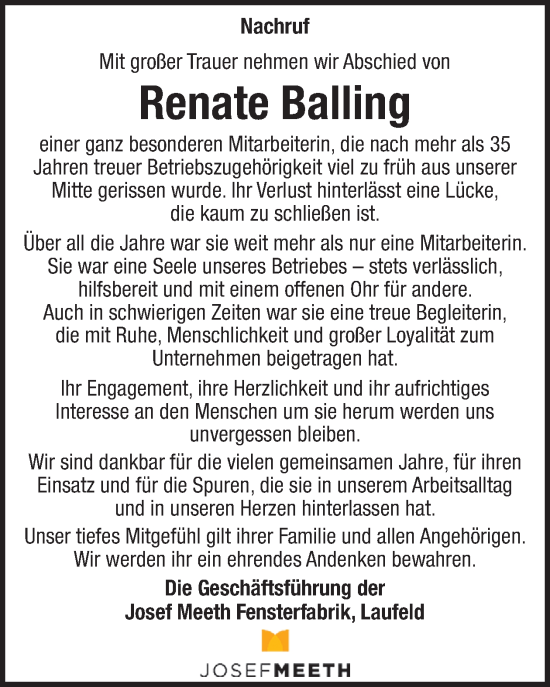 Traueranzeige von Renate Balling von WochenSpiegel