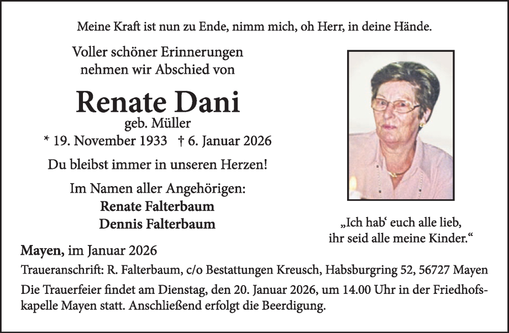  Traueranzeige für Renate Dani vom 14.01.2026 aus WochenSpiegel