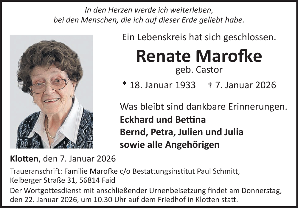  Traueranzeige für Renate Marofke vom 14.01.2026 aus WochenSpiegel