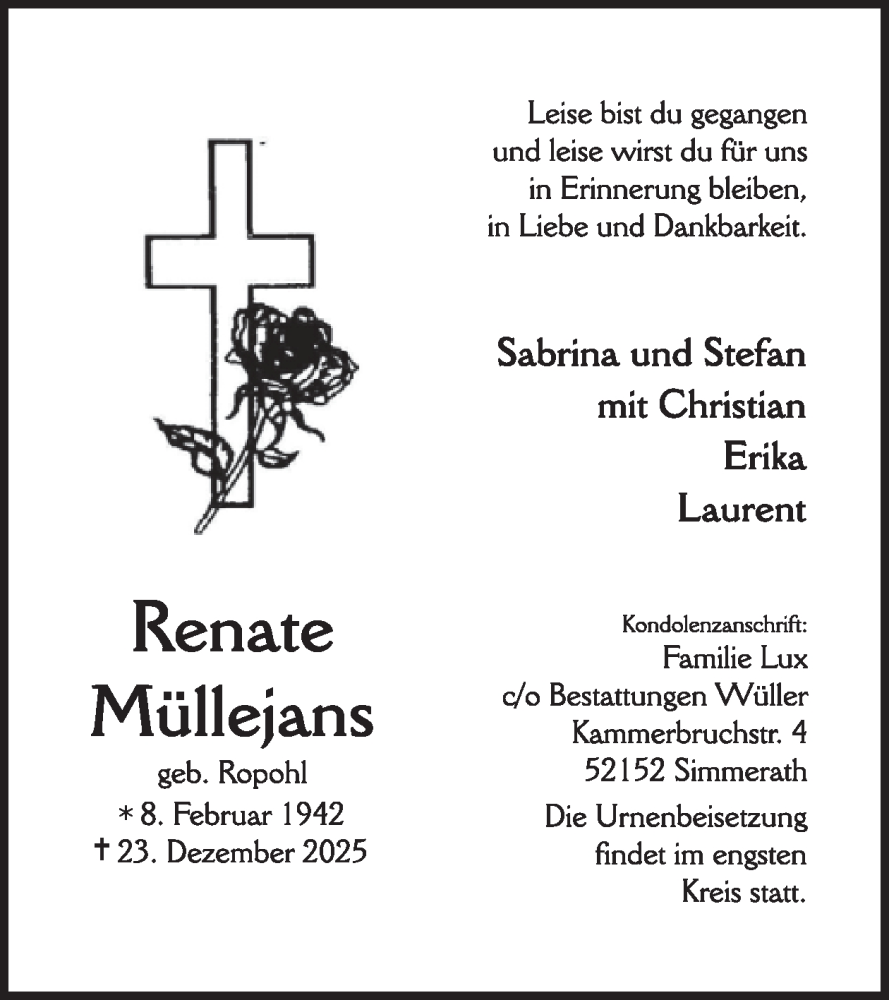  Traueranzeige für Renate Müllejans vom 14.01.2026 aus WochenSpiegel