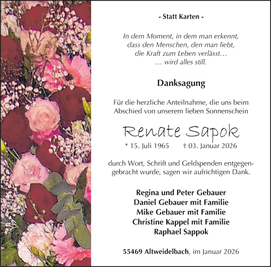 Traueranzeige von Renate Sapok von WochenSpiegel