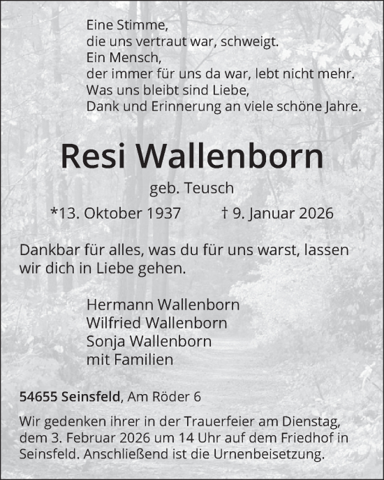 Traueranzeige von Resi Wallenborn von WochenSpiegel