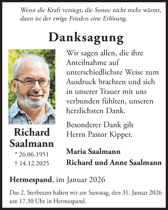 Traueranzeige von Richard Saalmann von WochenSpiegel