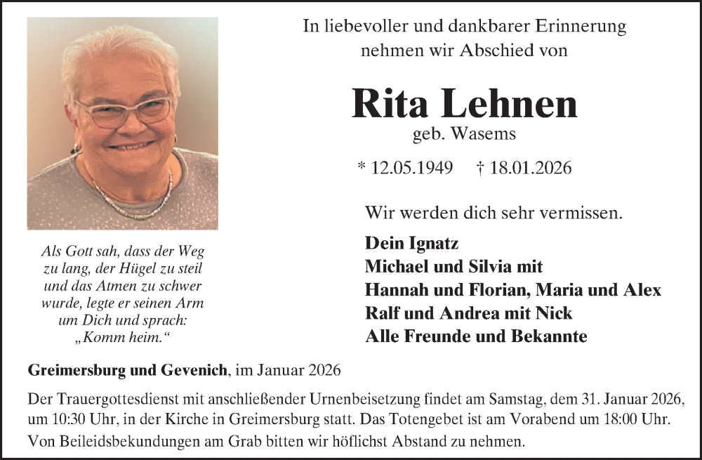  Traueranzeige für Rita Lehnen vom 28.01.2026 aus WochenSpiegel