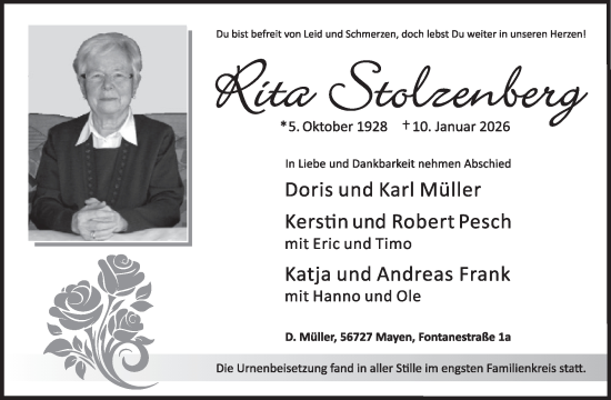 Traueranzeige von Rita Stolzenberg von WochenSpiegel