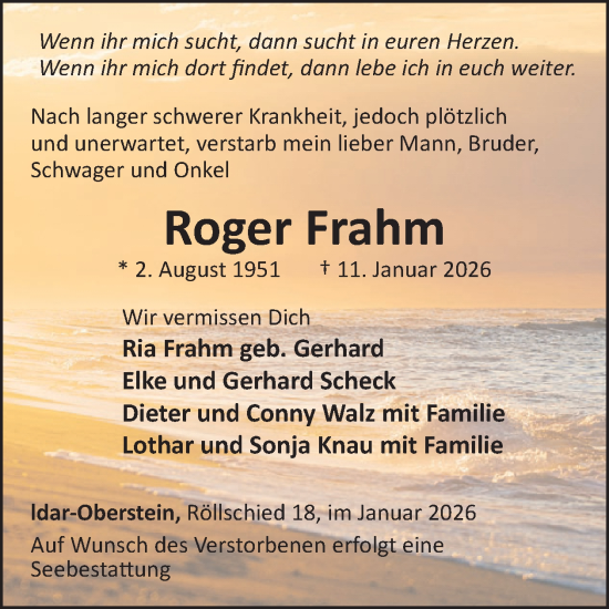 Traueranzeige von Roger Frahm von WochenSpiegel