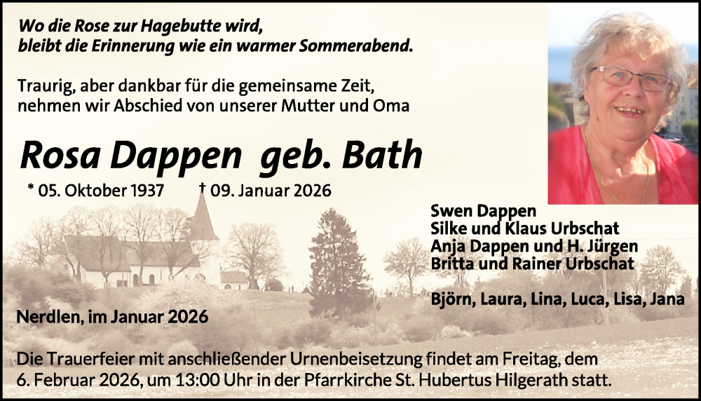  Traueranzeige für Rosa Dappen vom 31.01.2026 aus WochenSpiegel
