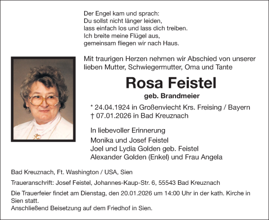 Traueranzeige von Rosa Feistel von WochenSpiegel