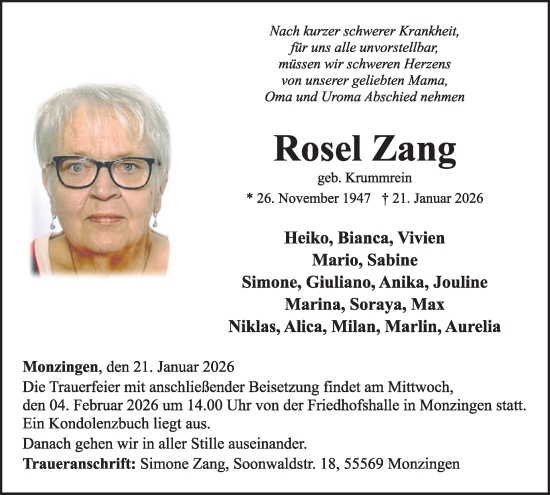 Traueranzeige von Rosel Zang von WochenSpiegel