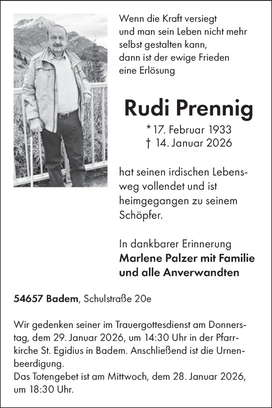 Traueranzeige von Rudi Prennig von WochenSpiegel
