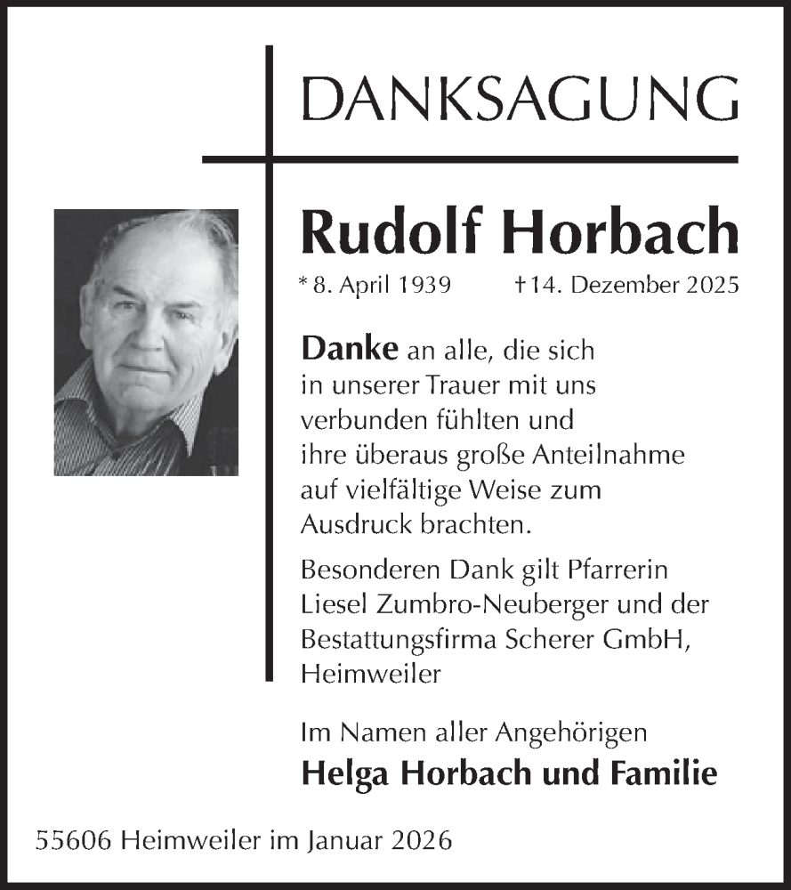  Traueranzeige für Rudolf Horbach vom 24.01.2026 aus WochenSpiegel