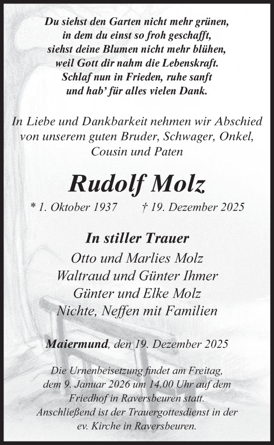 Traueranzeige von Rudolf Molz von WochenSpiegel