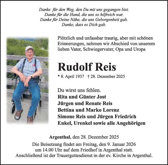Traueranzeige von Rudolf Reis von WochenSpiegel