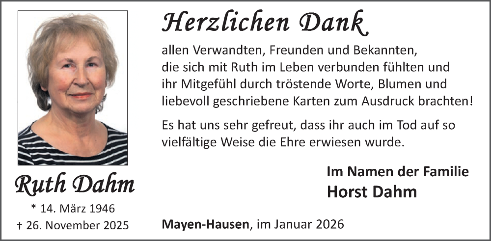  Traueranzeige für Ruth Dahm vom 21.01.2026 aus WochenSpiegel