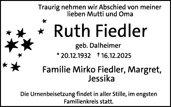 Traueranzeige von Ruth Fiedler von WochenSpiegel