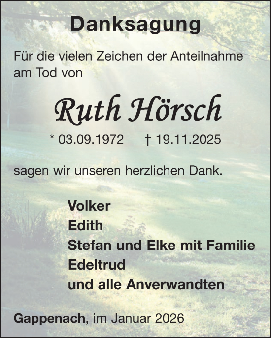 Traueranzeige von Ruth Hörsch von WochenSpiegel