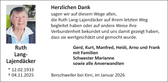 Traueranzeige von Ruth Lang-Lajendäcker von WochenSpiegel