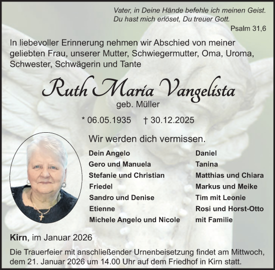 Traueranzeige von Ruth Maria Vangelista von WochenSpiegel