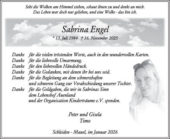 Traueranzeige von Sabrina Engel von WochenSpiegel