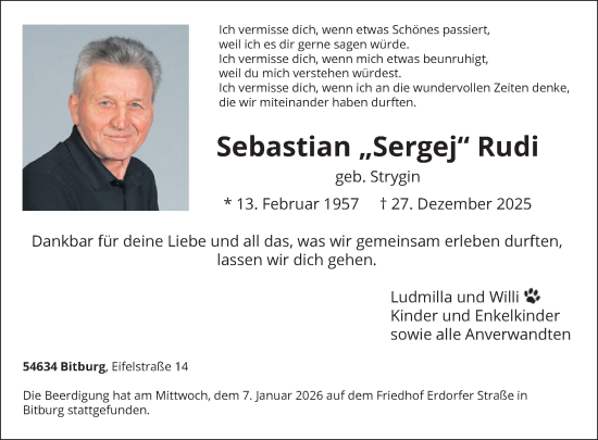 Traueranzeige von Sebastian  Rudi von WochenSpiegel