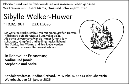 Traueranzeige von Sibylle Welker-Huwer von WochenSpiegel